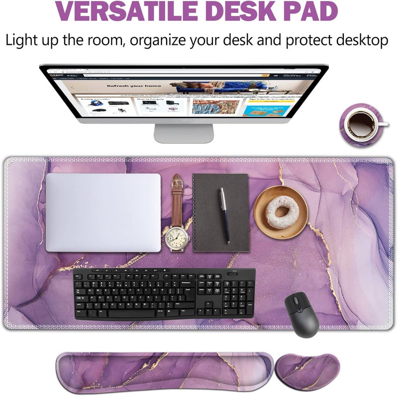 AIMSA Large Gaming Mouse Pad Set, Keyboard Wrist Rest Support Mouse Pad, Ergonomic Memory Foam Multifunctional Extended Desk Mat 35x15.7in Anti-Slip Rubber Base for Office Home, Purple Marble - Image 2